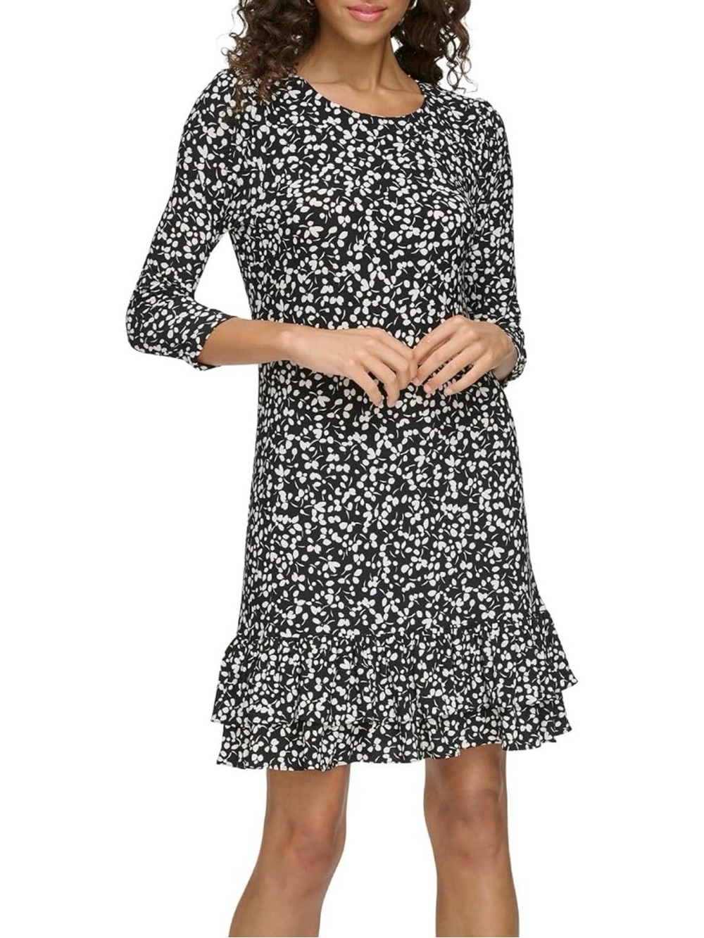 Tommy Hilfiger Black and White Printed Ruffle-Hem Mini Dress